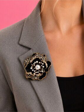 Black Rose Floral Crystal Brooch